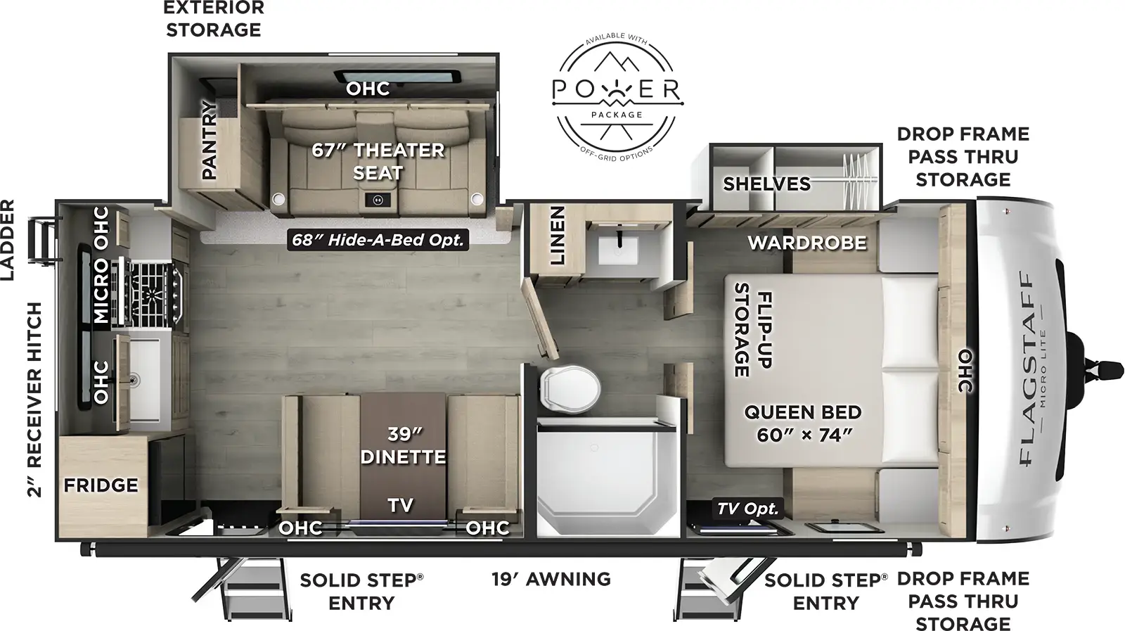 The Flagstaff Micro Lite 25SRK floorplan has two entries and two slide outs. Exterior features include: fiberglass exterior and 19' awning. Interiors features include: rear kitchen, front bedroom and pass through bathroom.